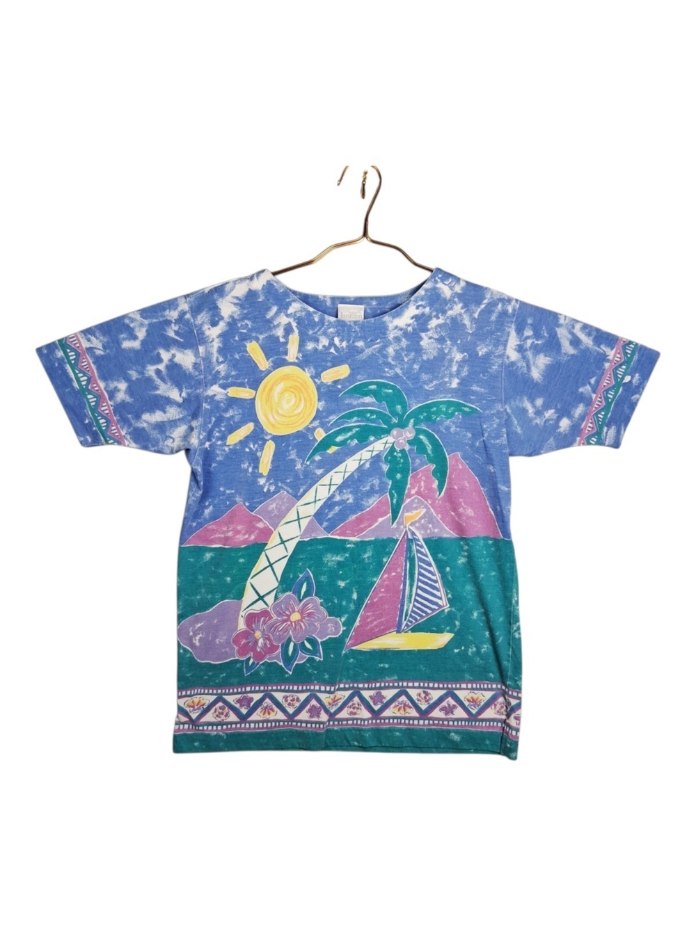 Vtg 90s Jantzen Tropical Beach T Shirt Blue Cloud Sailboat Palm Tree Graphic Tee